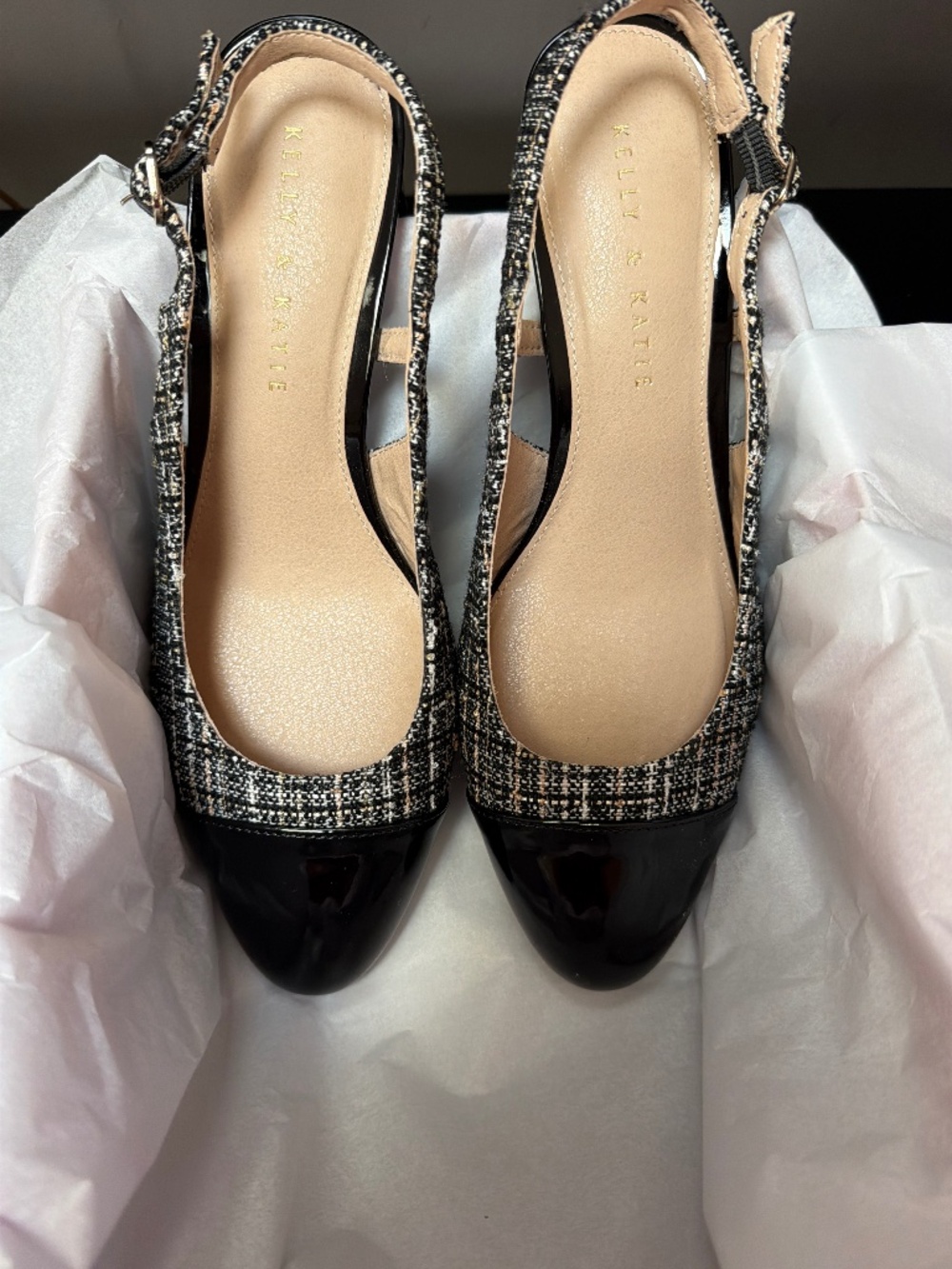 Kelly & Katie Eliana Black Tweed Patent Slingback Heels – Size 8M